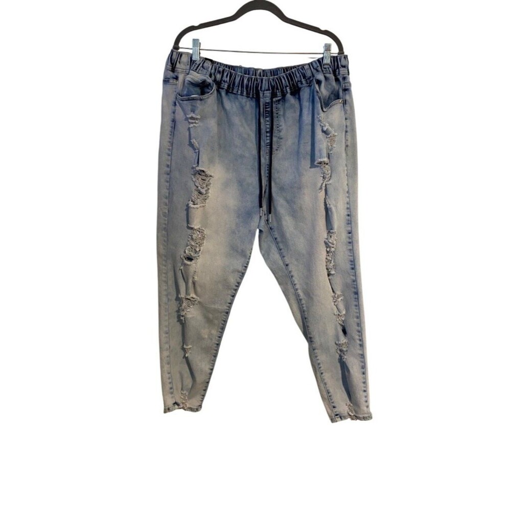 Elite Jeans Women 3X Denim Joggers Distressed Light Wash Pull On Drawstring